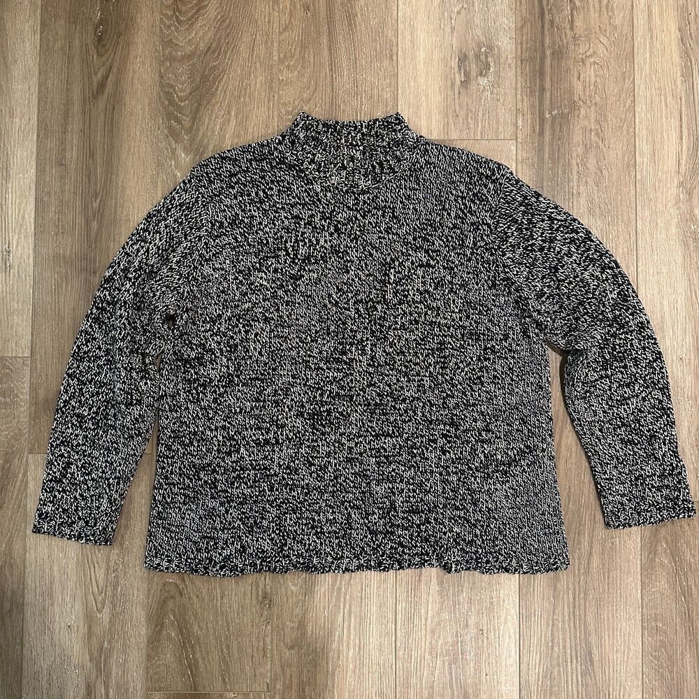Vintage 90s Black White Marl Knit Mock Neck Chunky Sweater Pullover Size Medium